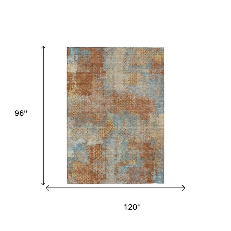 8x10 area rug dimensions: 120 by 96 inches, abstract rust and blue pattern.