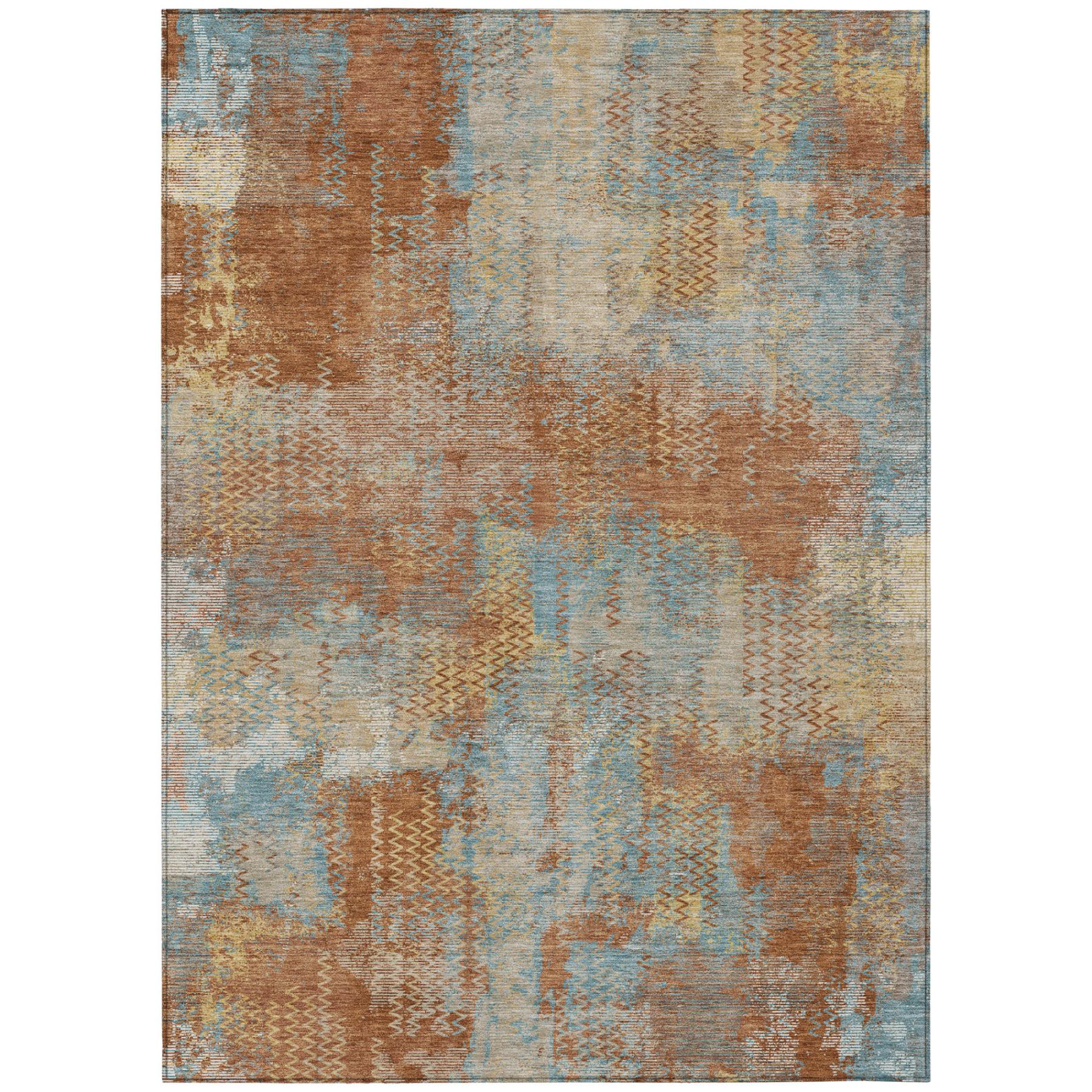 Rectangular area rug with rust-orange and light-blue abstract distressed grid pattern.