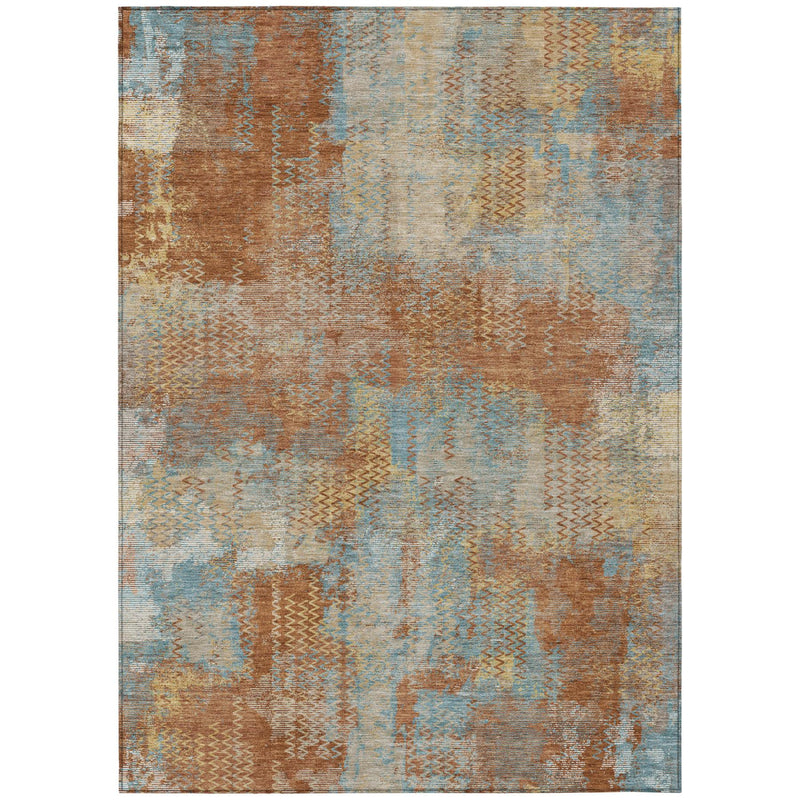 Rectangular area rug with rust-orange and light-blue abstract distressed grid pattern.