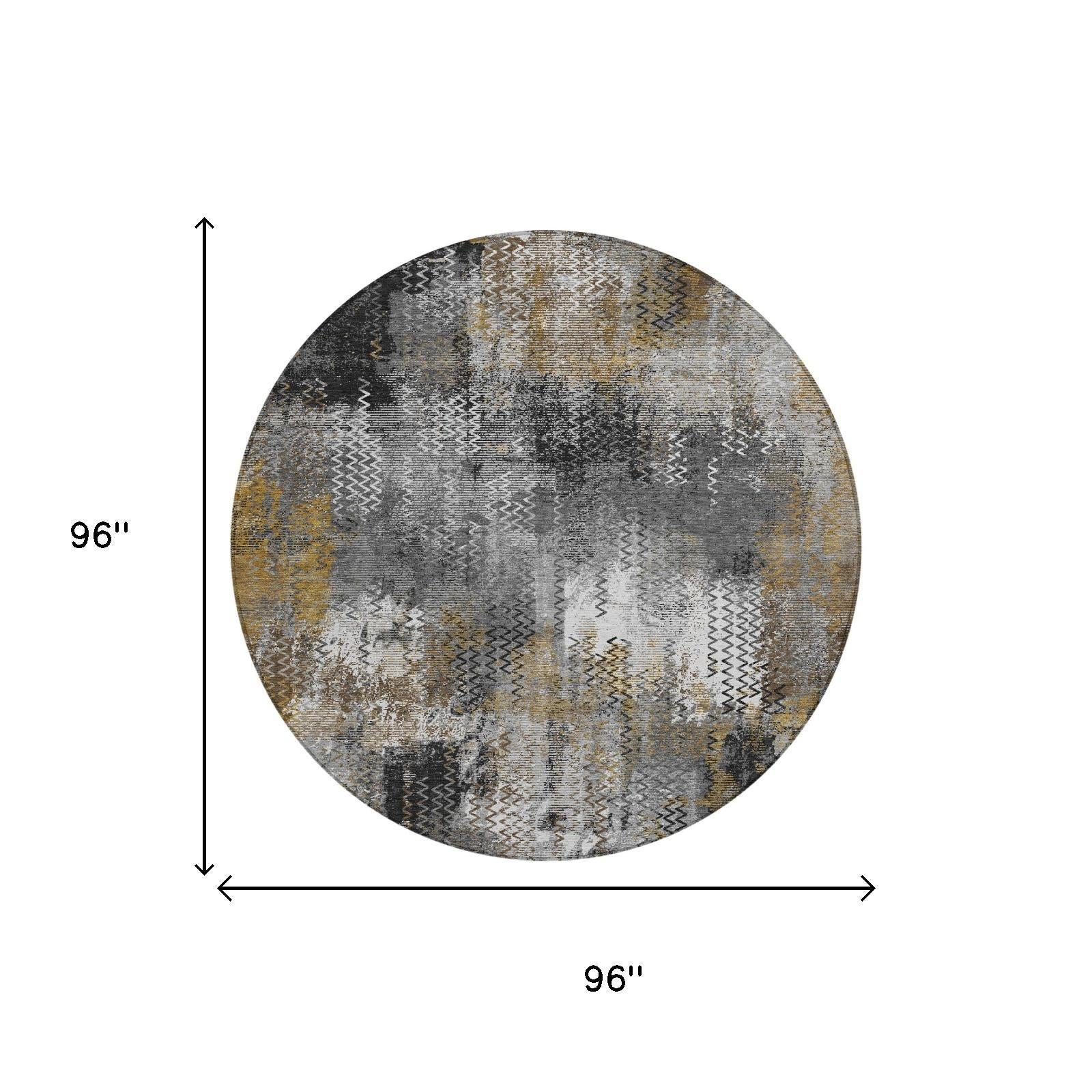 96 in round abstract area rug, gray and graphite with cream and mustard zigzags