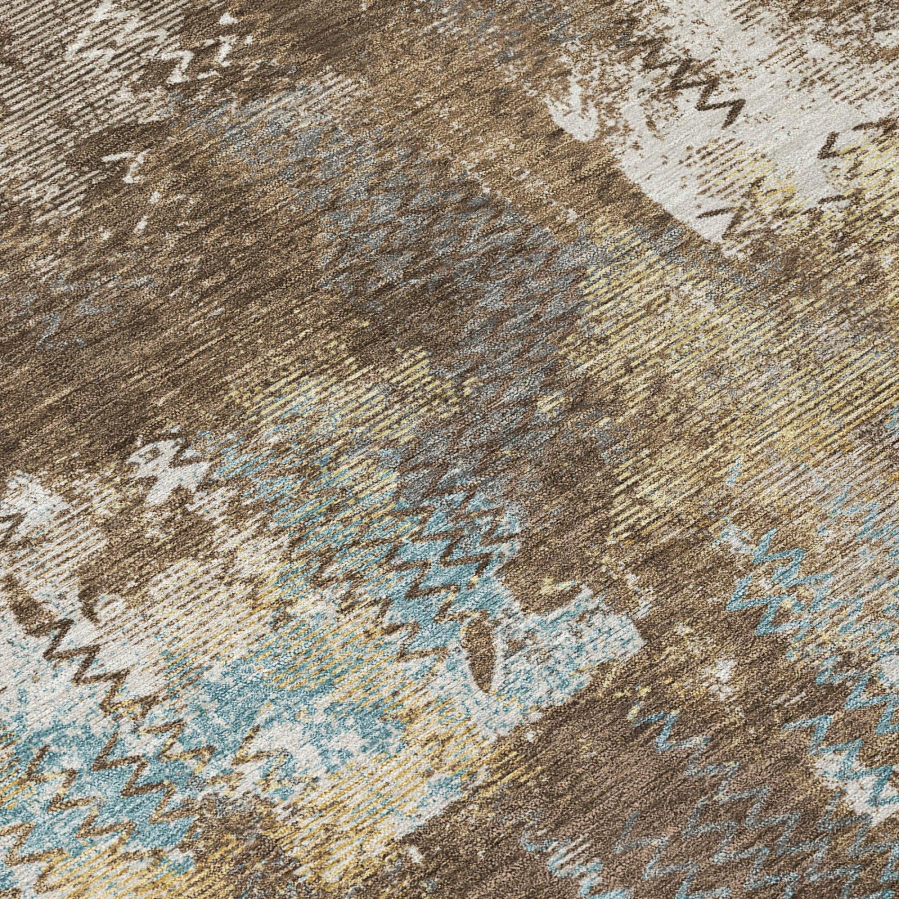 Round abstract rug closeup: brown base with cream highlights and light blue zigzags