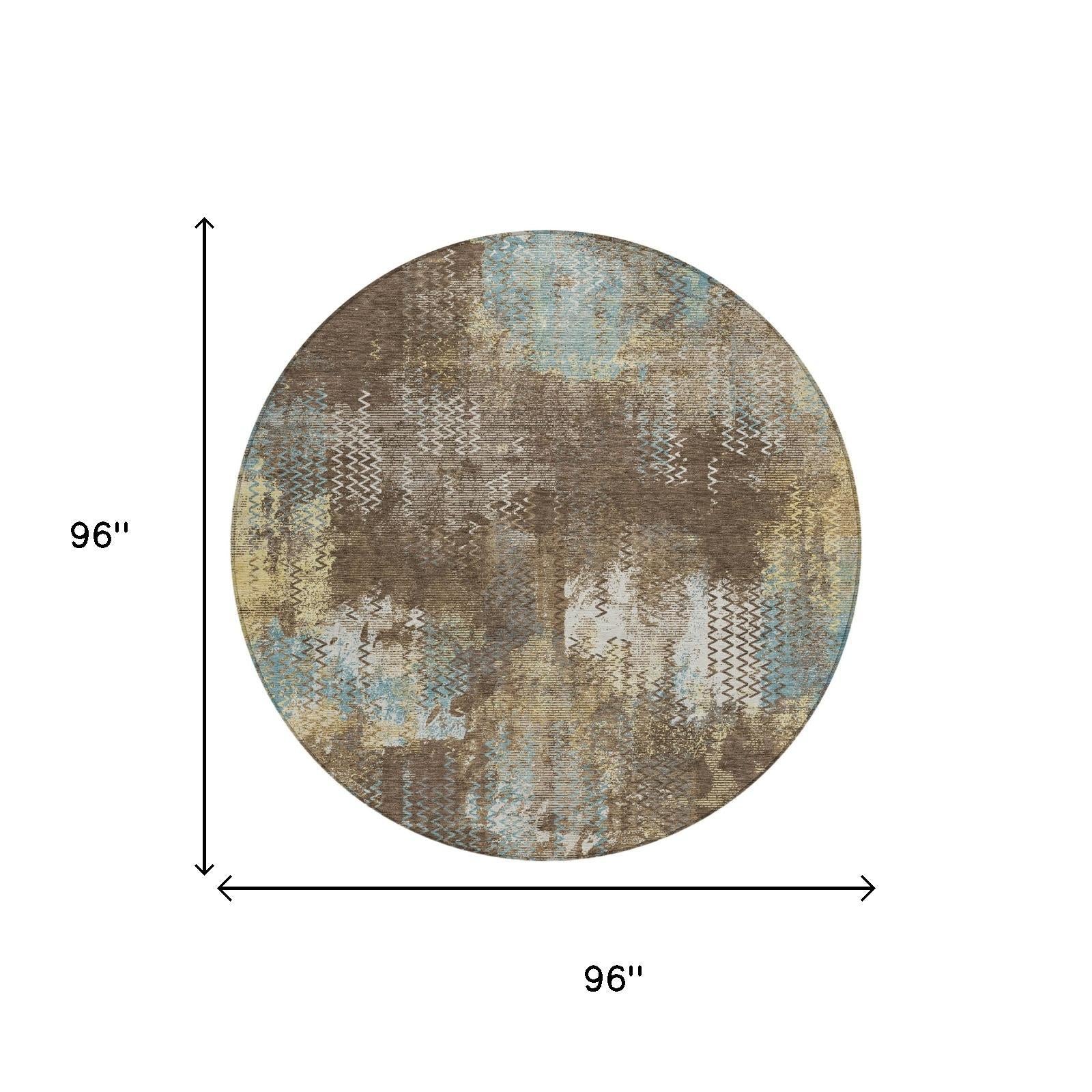 Round abstract area rug, brown and blue with zigzag and distressed motif