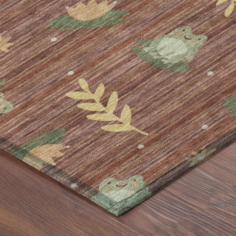 Corner view of red and merlot washable area rug with botanical leaves and animal motifs