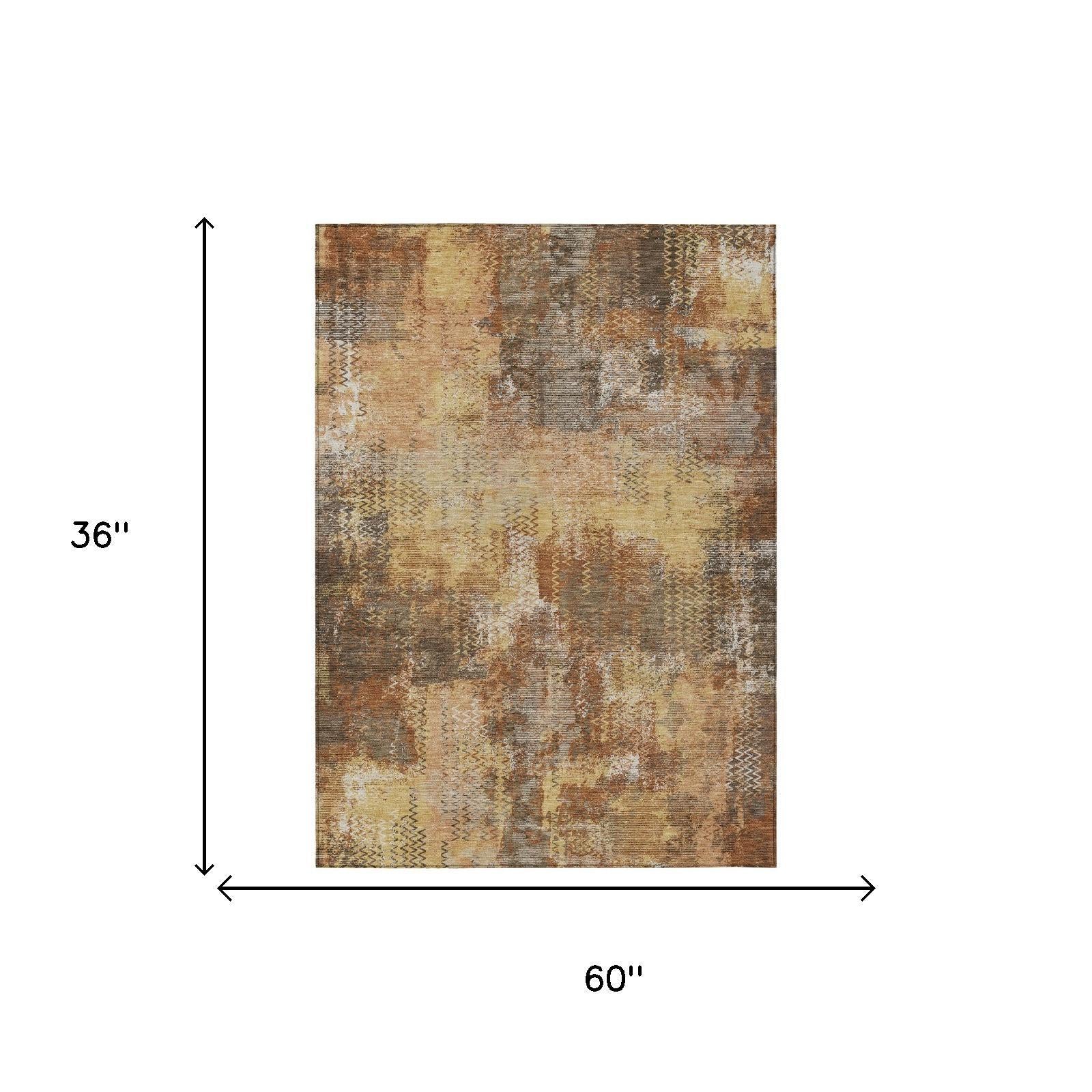3x5 abstract area rug in copper, orange, beige and gray with distressed pattern