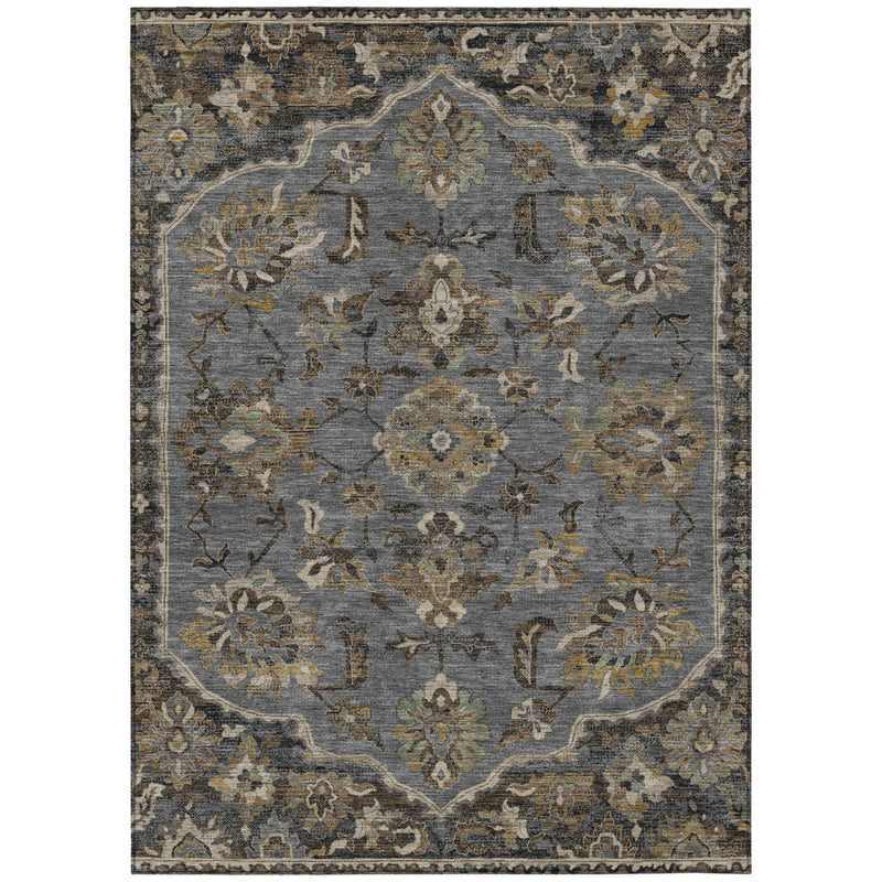 Graphite and gray floral medallion area rug with symmetrical ornate border