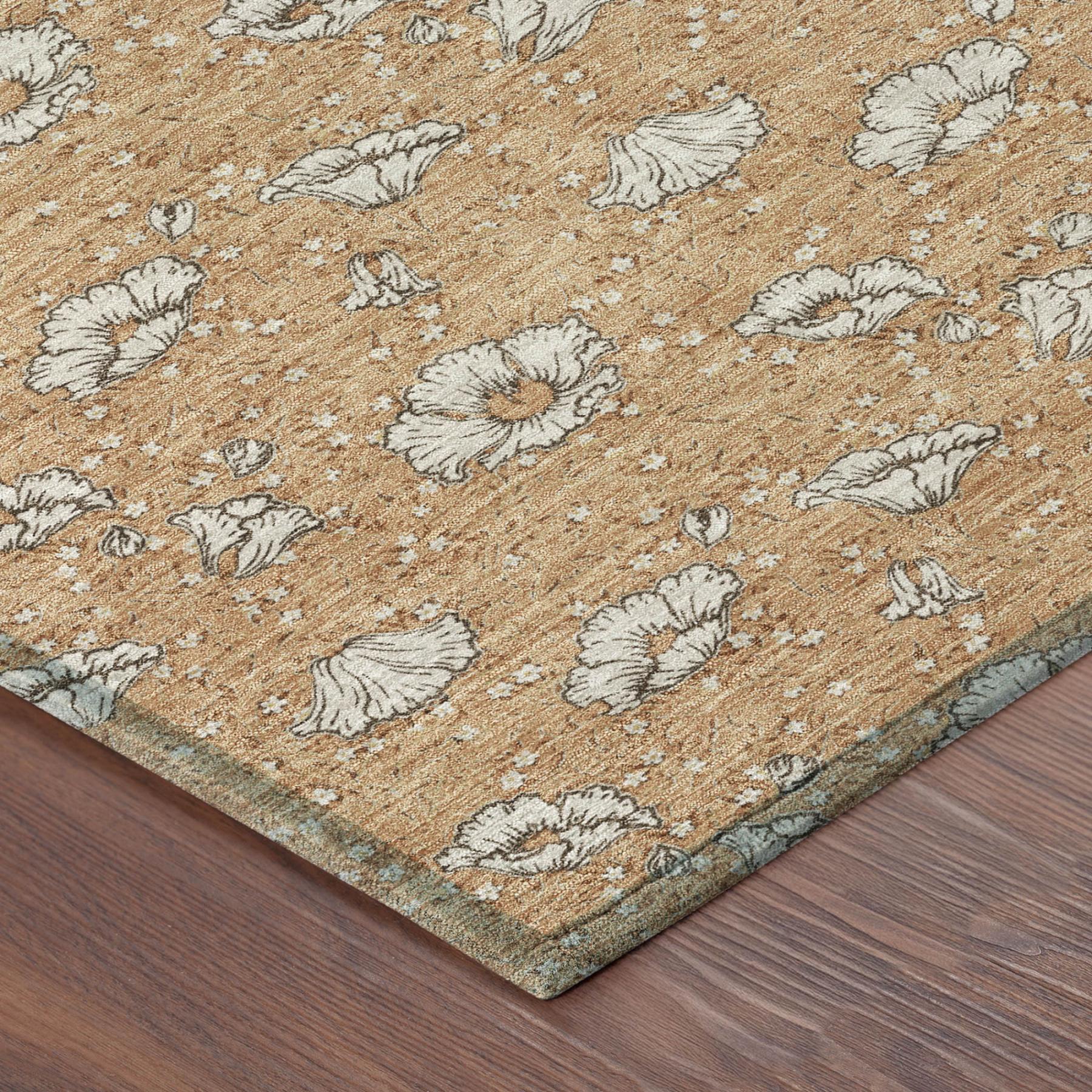 Copper-orange floral rug with green edge border and white-gray flowers