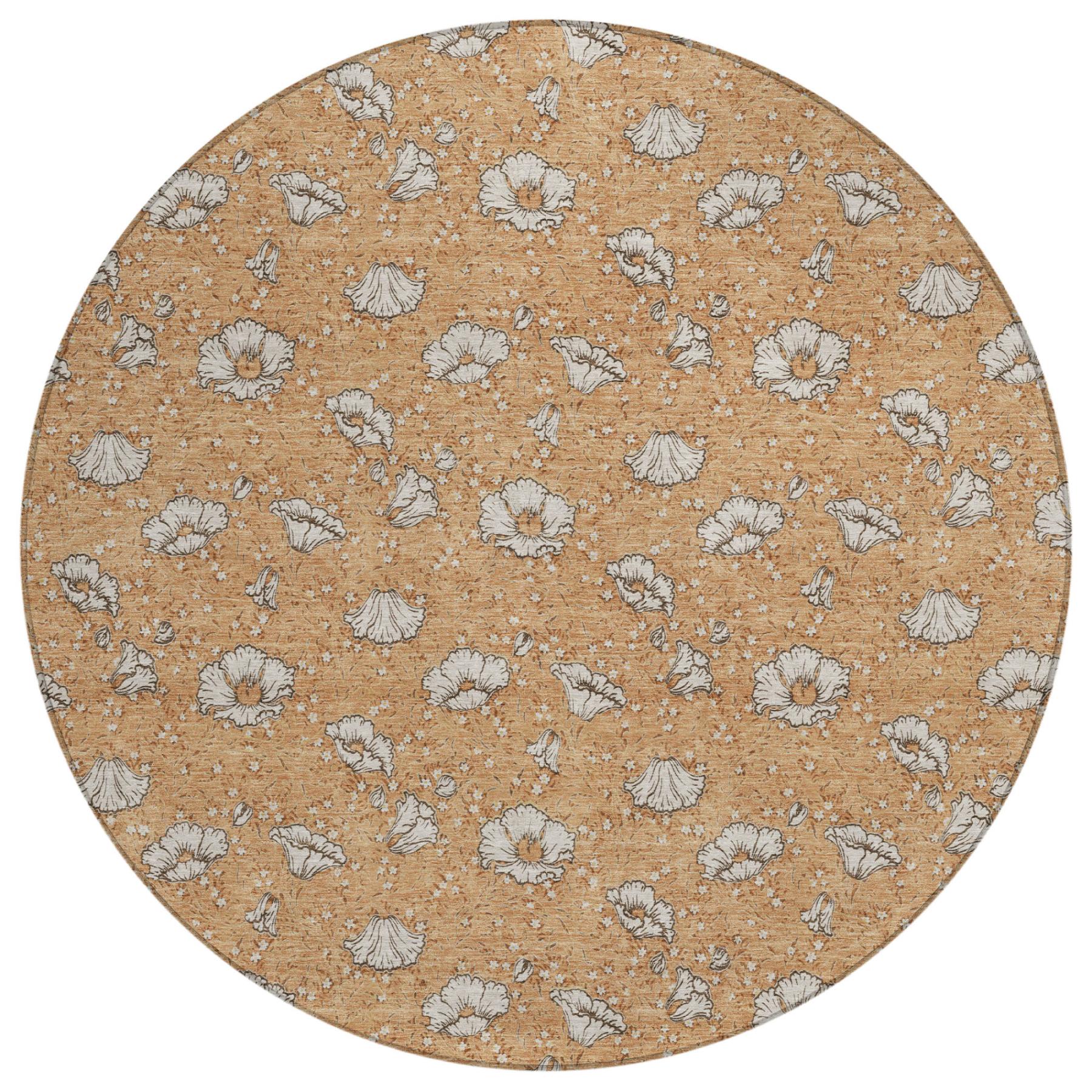 Round copper-orange area rug with white-gray floral pattern