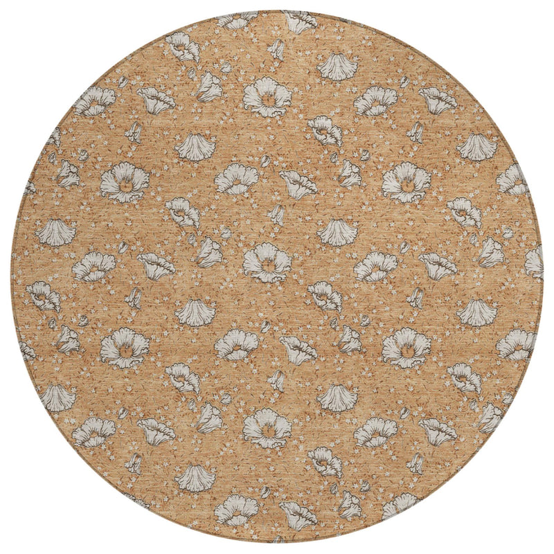 Round copper-orange area rug with white-gray floral pattern