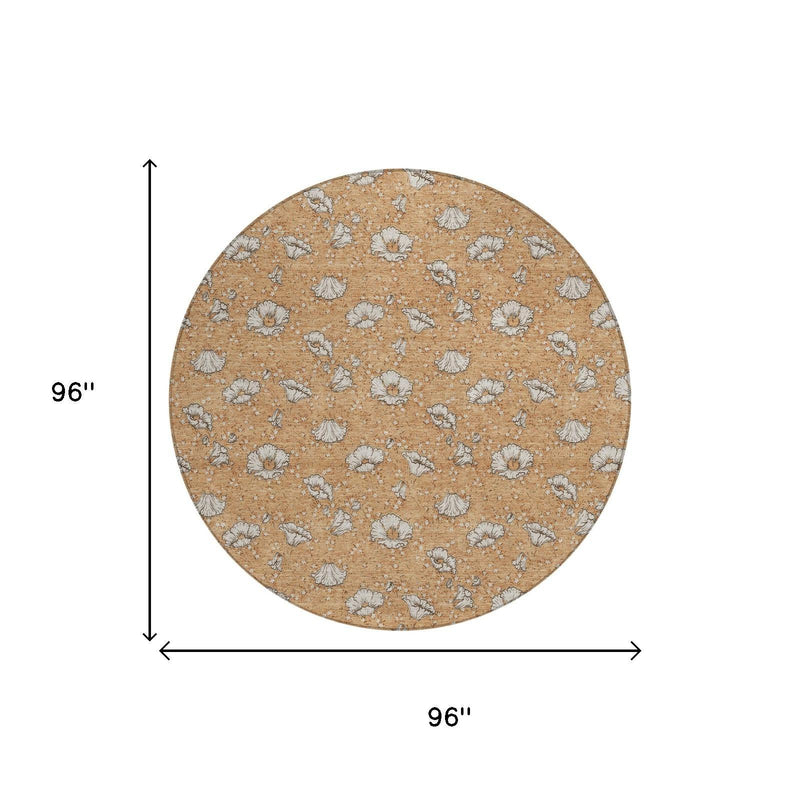 96 in round copper-orange floral area rug with white-gray blossoms