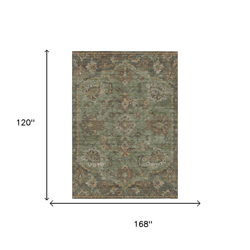 Olive green area rug, green floral medallion pattern, 168 x 120 in dimensions.