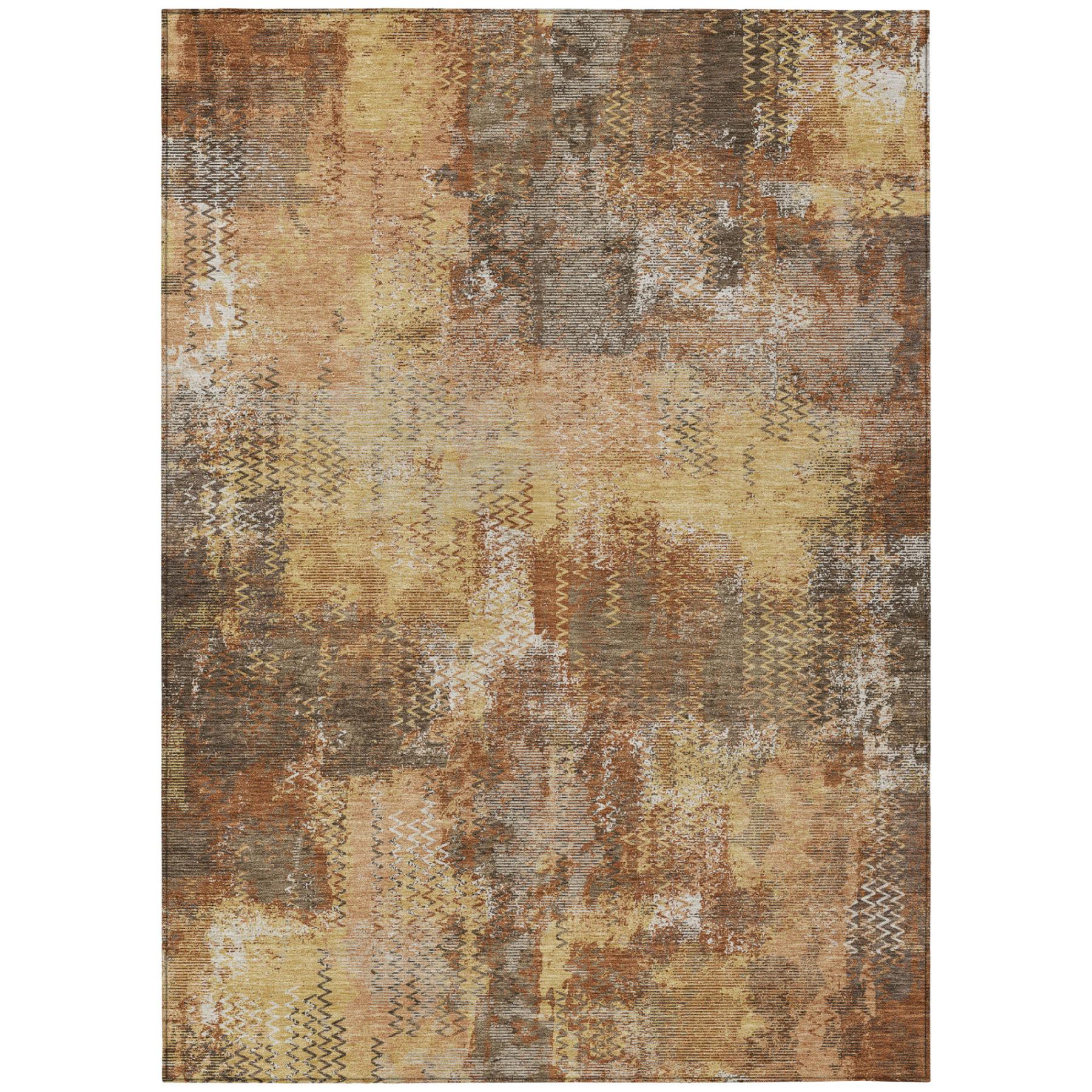 Full abstract area rug in tan, copper, and gray with orange accents