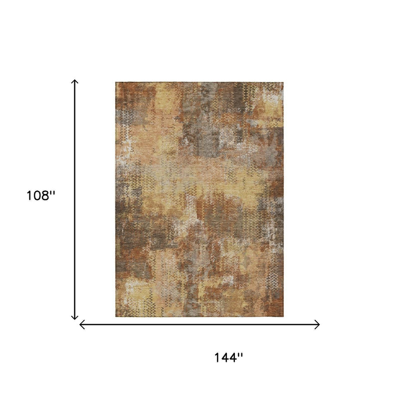 9 ft x 12 ft abstract area rug size diagram, copper and tan wash design