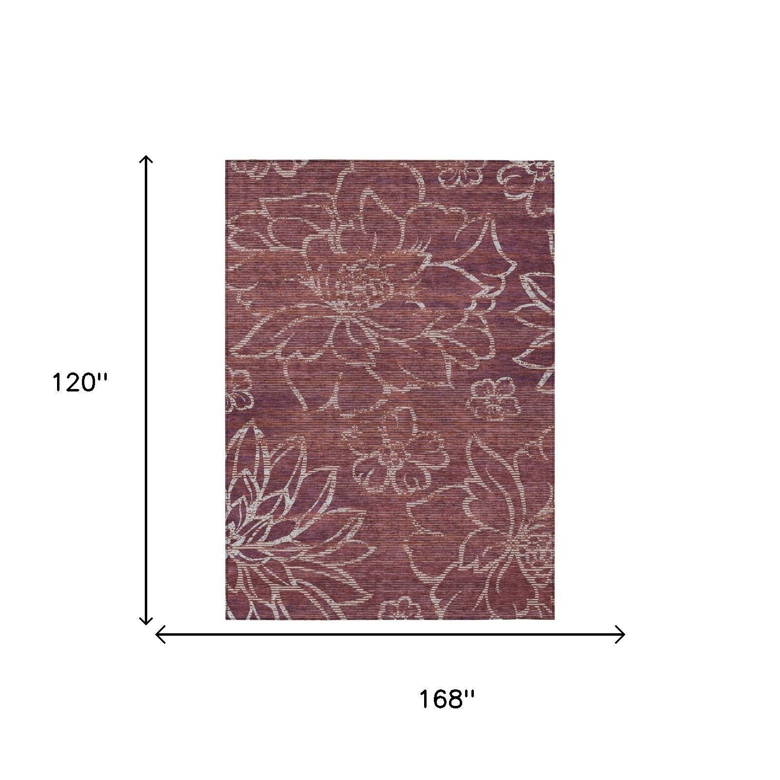 Eggplant purple floral indoor/outdoor area rug with light ivory pattern