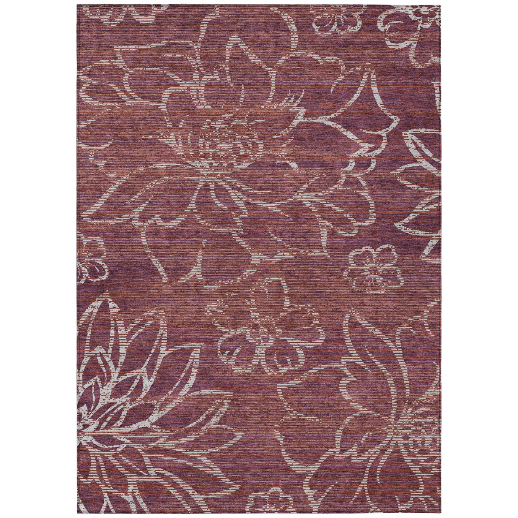 Eggplant purple floral indoor/outdoor area rug with large ivory flower motifs