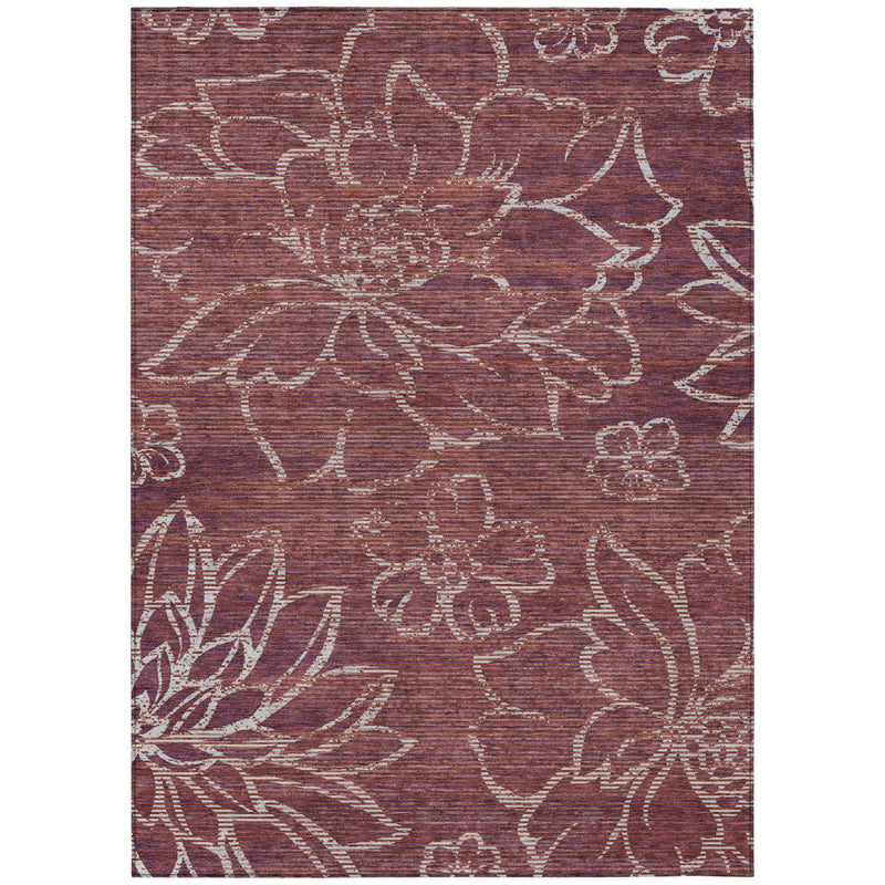 Eggplant purple floral indoor/outdoor area rug with large ivory flower motifs