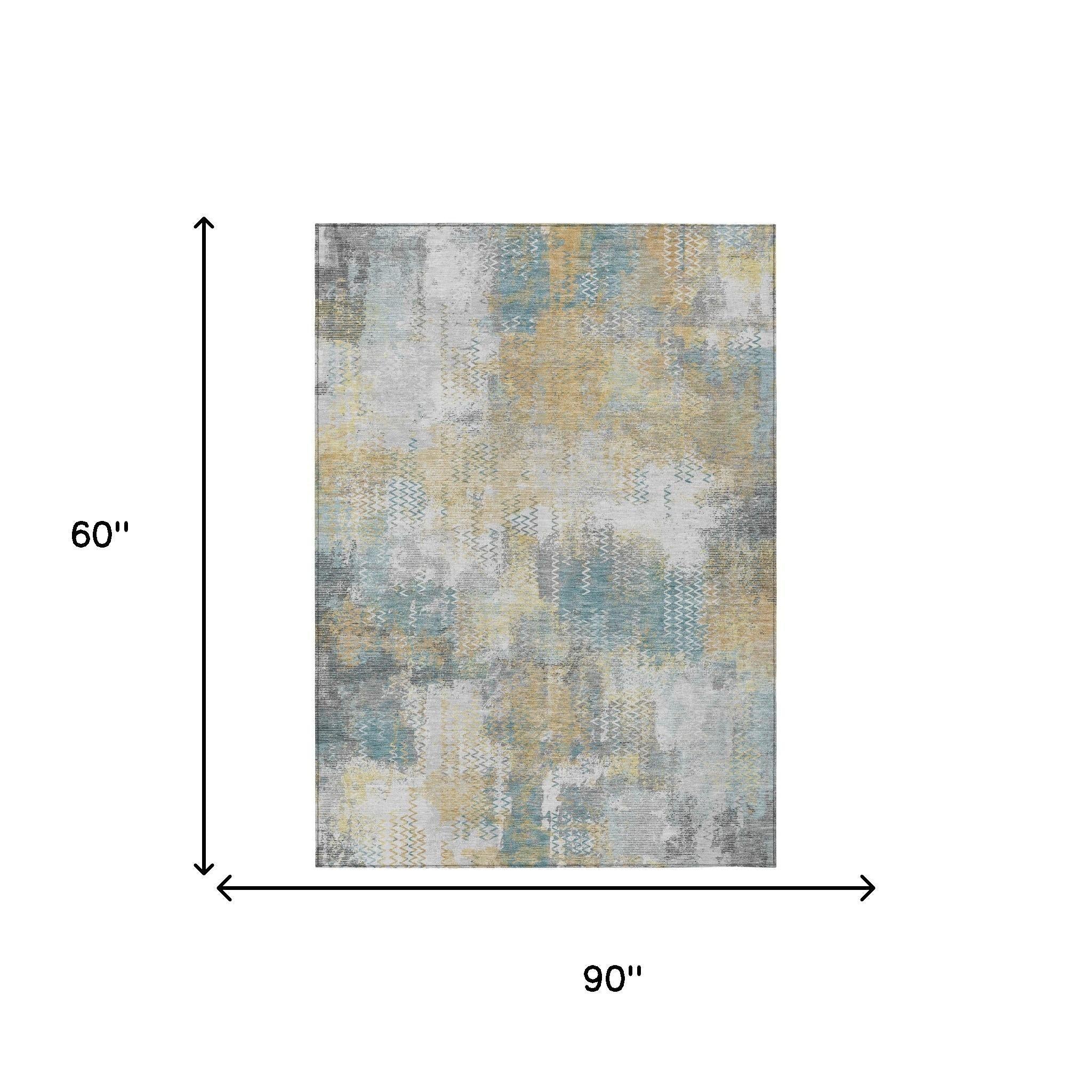 Abstract area rug, silver gray and pale blue pattern, 90 x 60 in dimensions