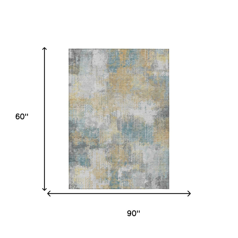 Abstract area rug, silver gray and pale blue pattern, 90 x 60 in dimensions