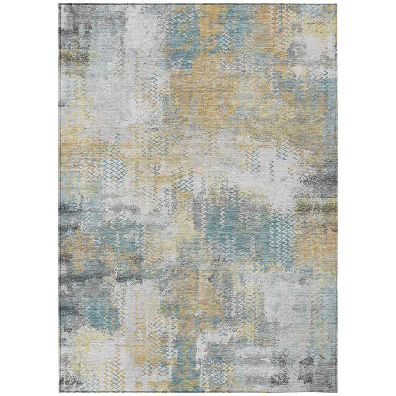 Abstract area rug with silver gray, pale blue, and light yellow patchwork texture