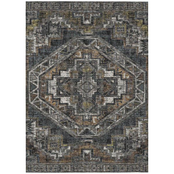 Southwestern area rug with dark graphite and black geometric medallion pattern
