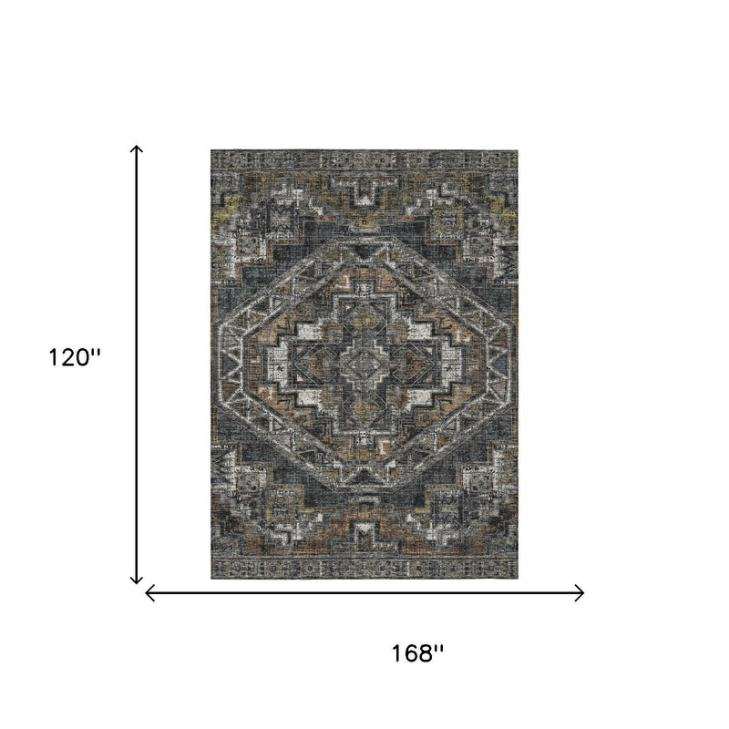 Southwestern area rug, 10 x 14 ft, dark gray and black geometric medallion