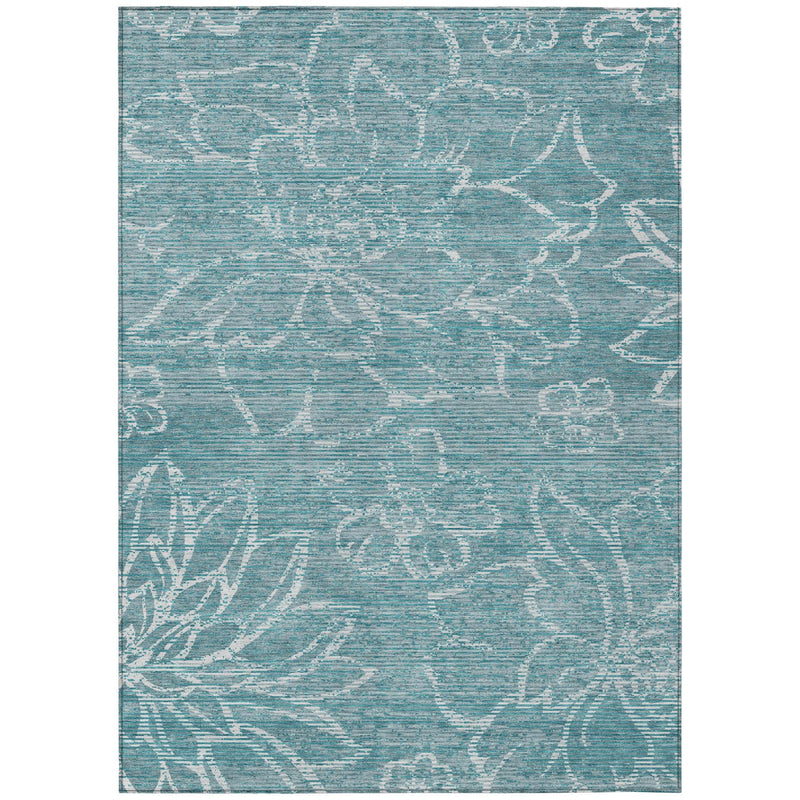 Indoor outdoor area rug, teal blue with all-over white distressed floral design