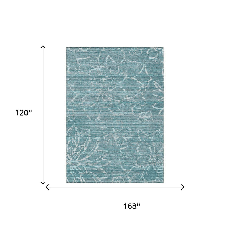 Teal blue area rug with white distressed pattern, 168" x 120"