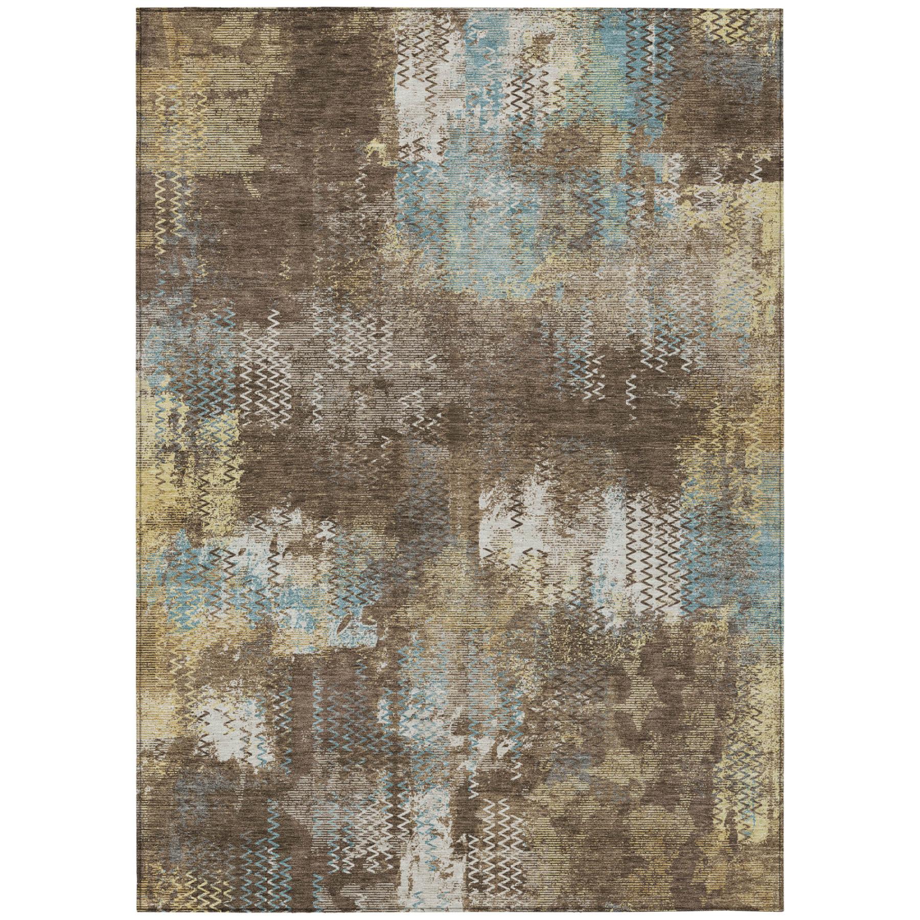 Rectangular abstract area rug with brown, cream, and light blue mottled blocks and lines