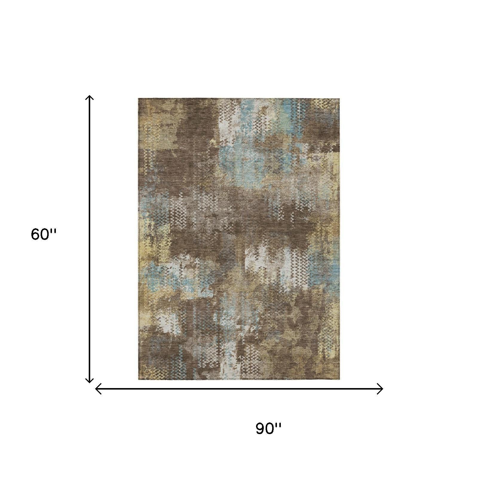 90 x 60 in abstract area rug, brown and tan with light blue distressed pattern