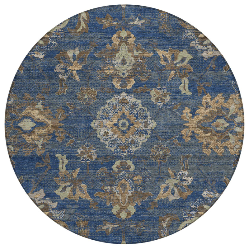 Round area rug with blue field and cream/gold ornamental medallion and motifs