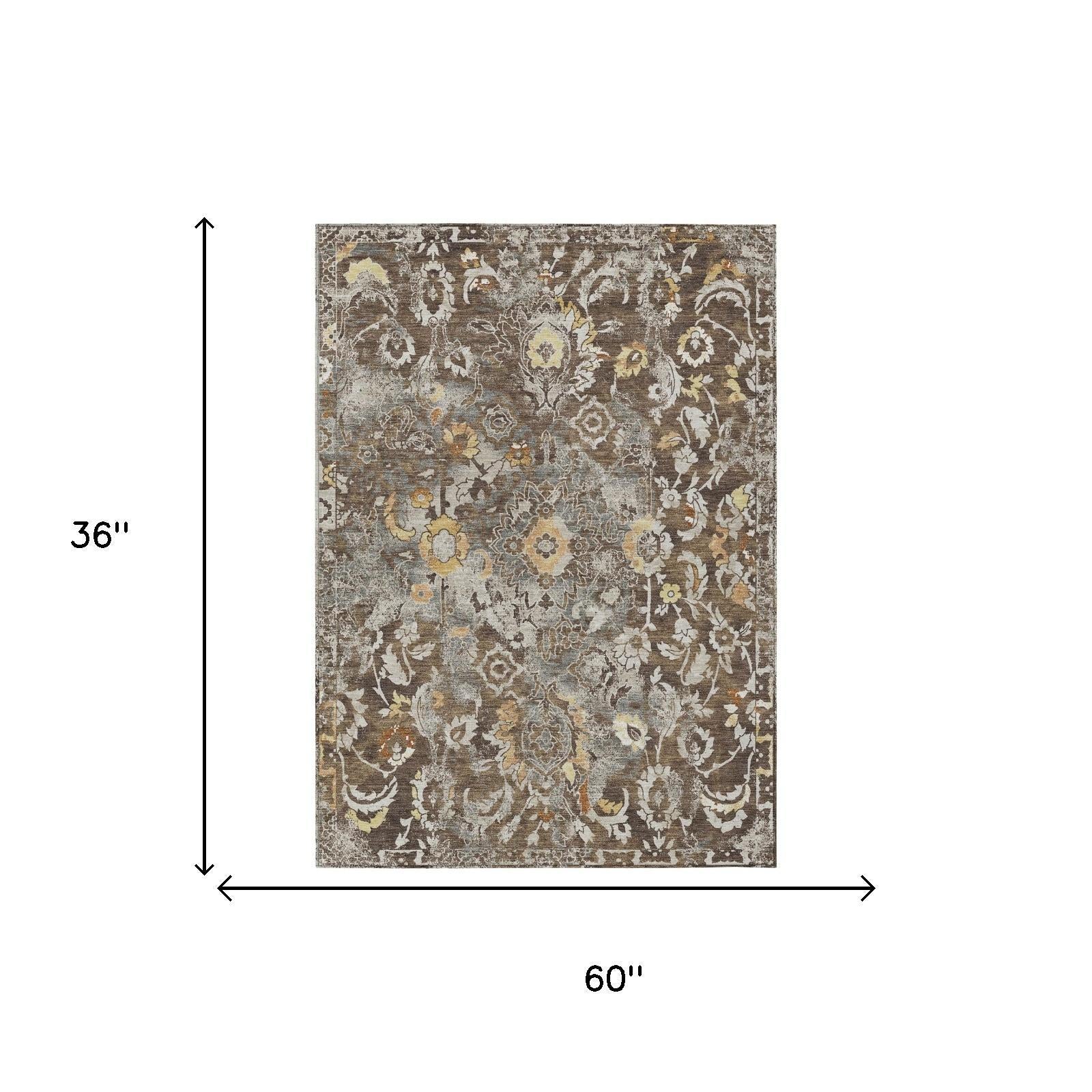 Rectangular area rug size diagram, 36 in by 60 in floral pattern