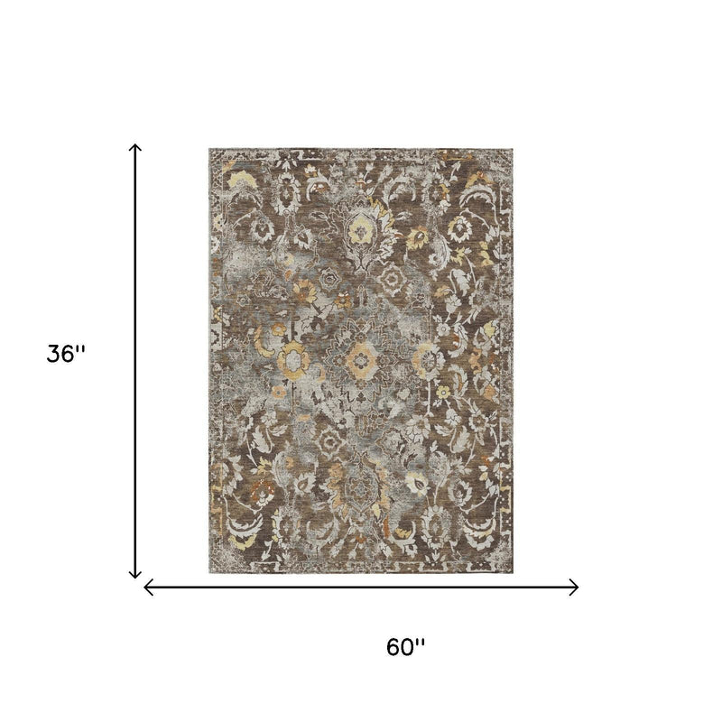 Rectangular area rug size diagram, 36 in by 60 in floral pattern