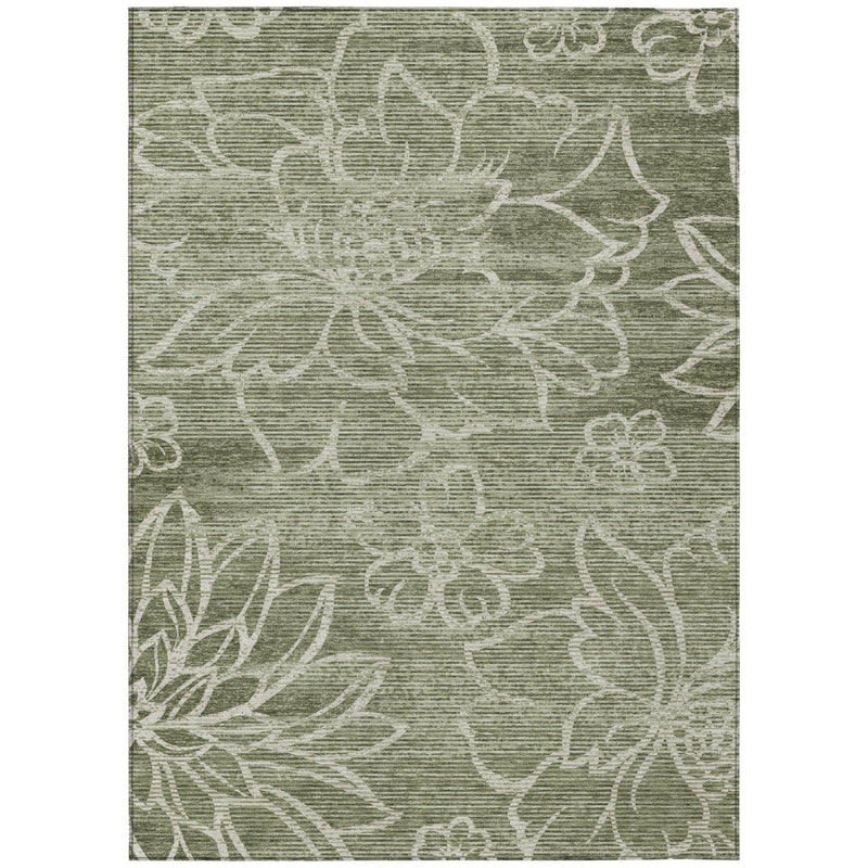 Olive green area rug with white floral design, rectangular 3 x 5 ft washable