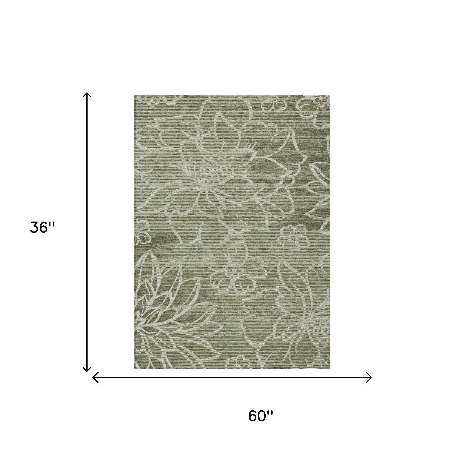 Olive green area rug with white floral vine pattern, 3 x 5 ft washable