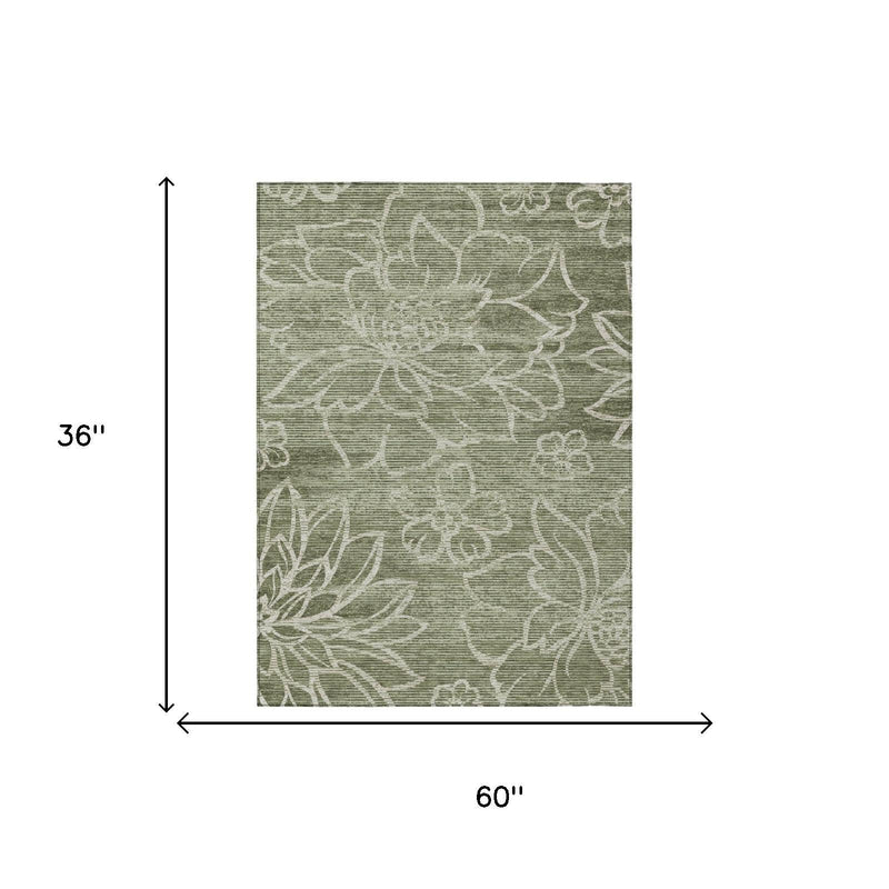 Olive green area rug with white floral vine pattern, 3 x 5 ft washable