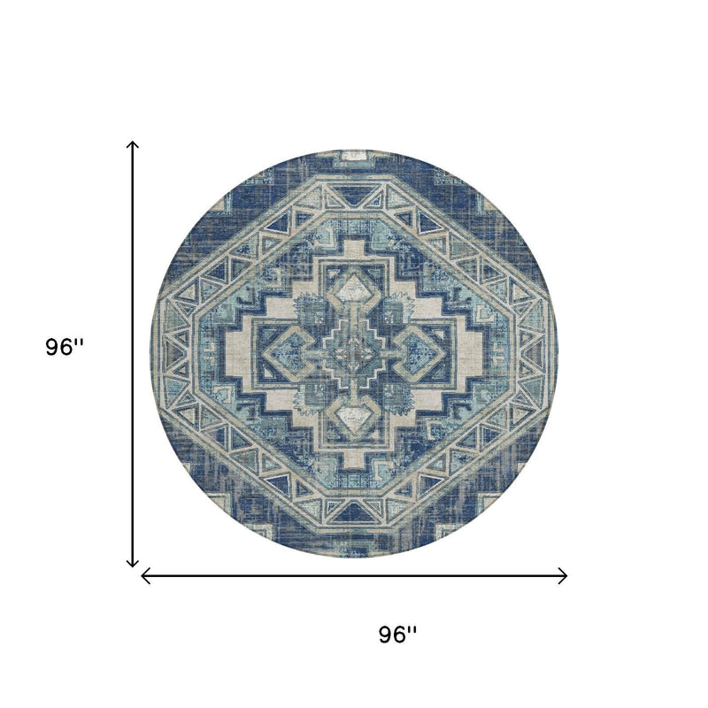 Round area rug, 96-inch size, geometric Southwestern pattern in navy and light blue