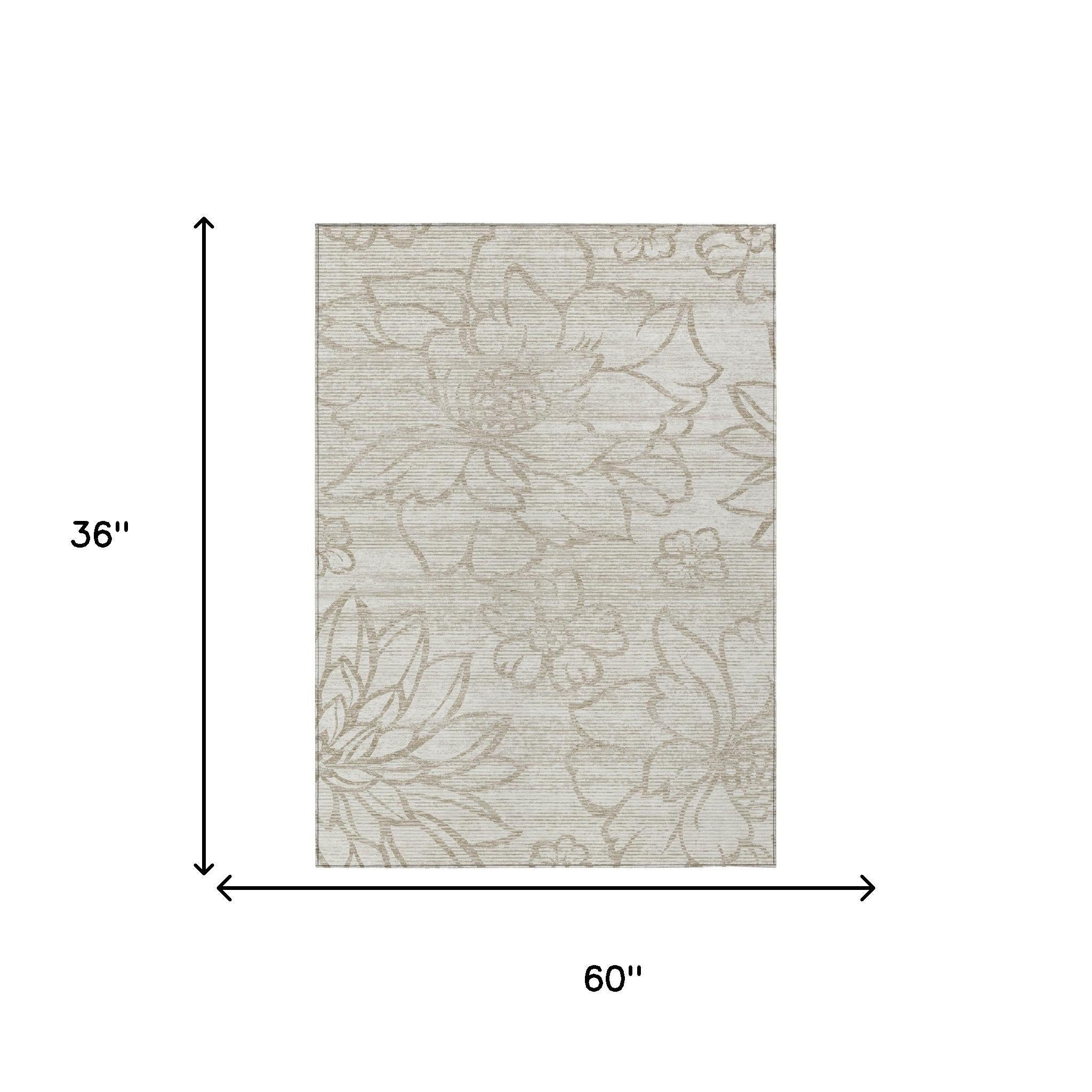 3' X 5' Ivory And Silver Floral Washable Indoor Outdoor Area Rug - Sports & Outdoor