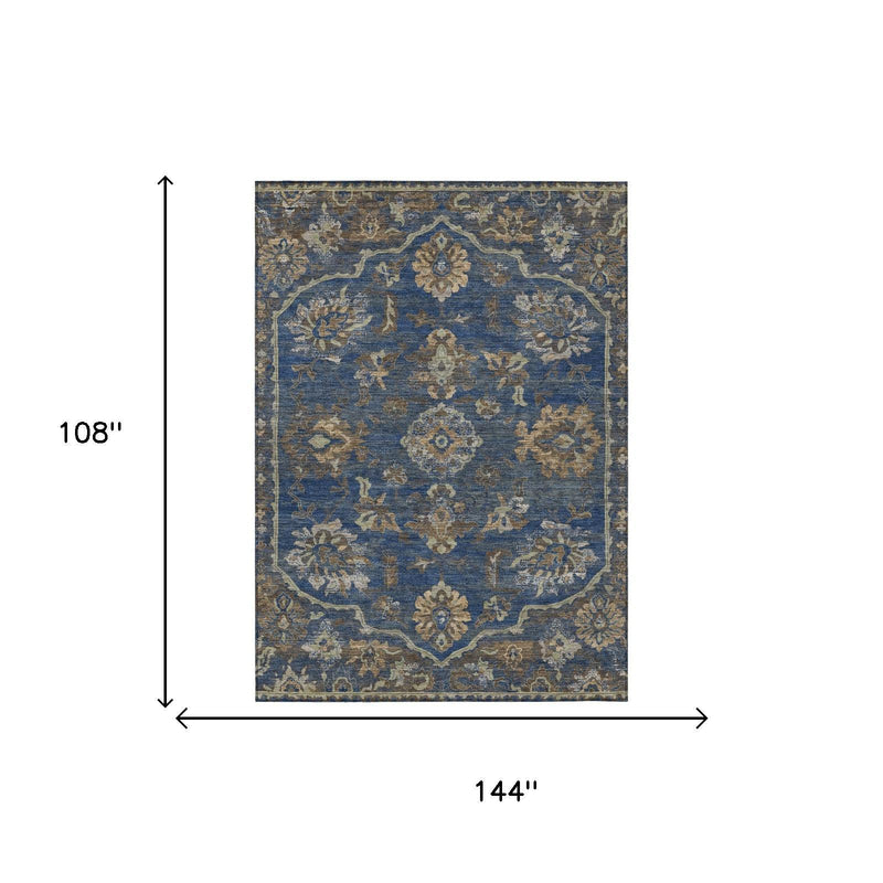 Navy blue floral medallion area rug, 108 in x 144 in dimensions