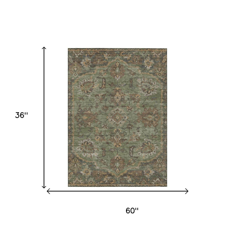 Olive green area rug, 3 ft x 5 ft, floral medallion pattern