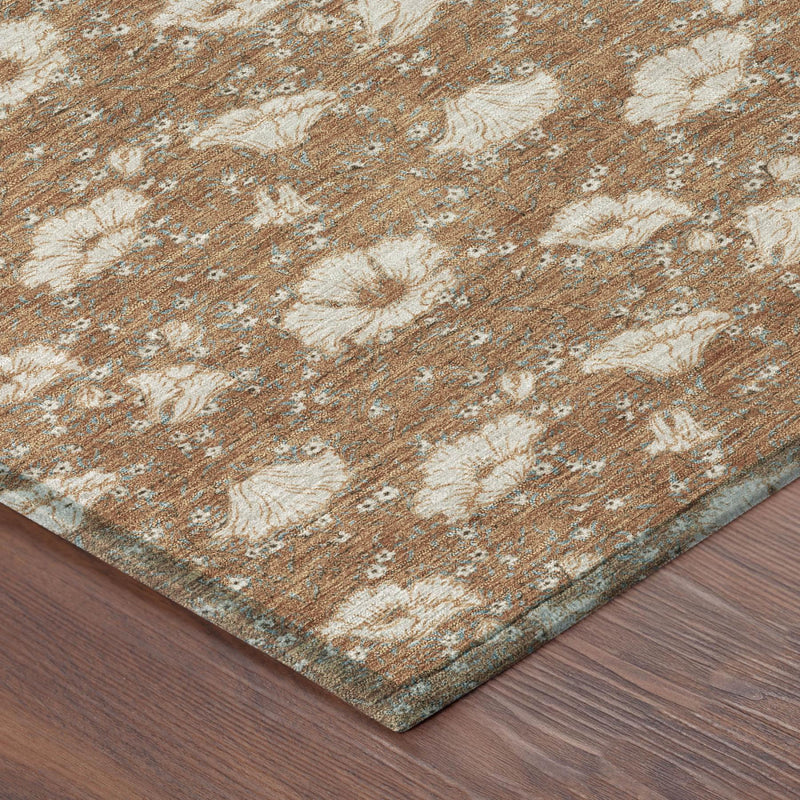 Rust and orange area rug close-up, beige distressed floral design