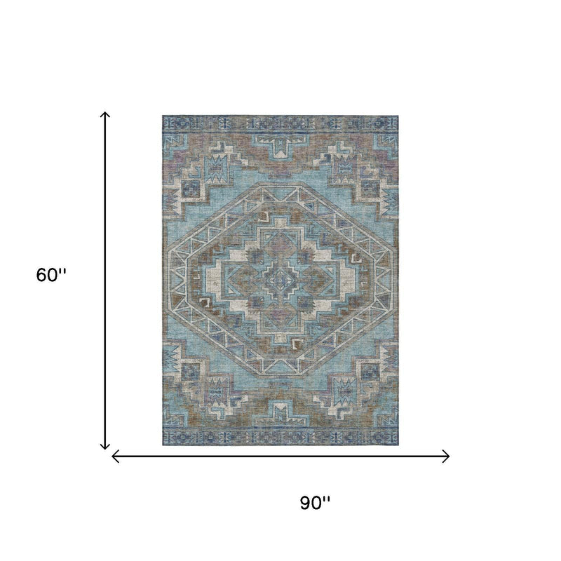 90 x 60 in teal blue and gray southwestern area rug with diamond pattern and border