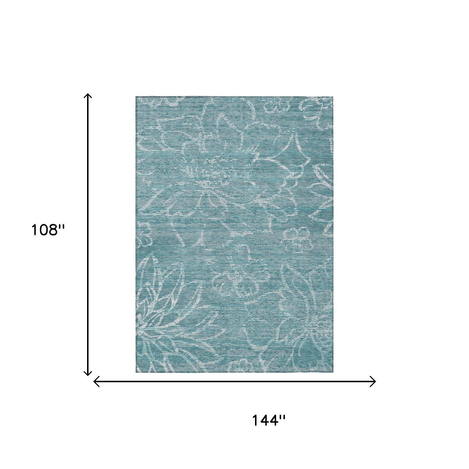 Teal blue floral area rug, 9 x 12 ft, distressed pattern design