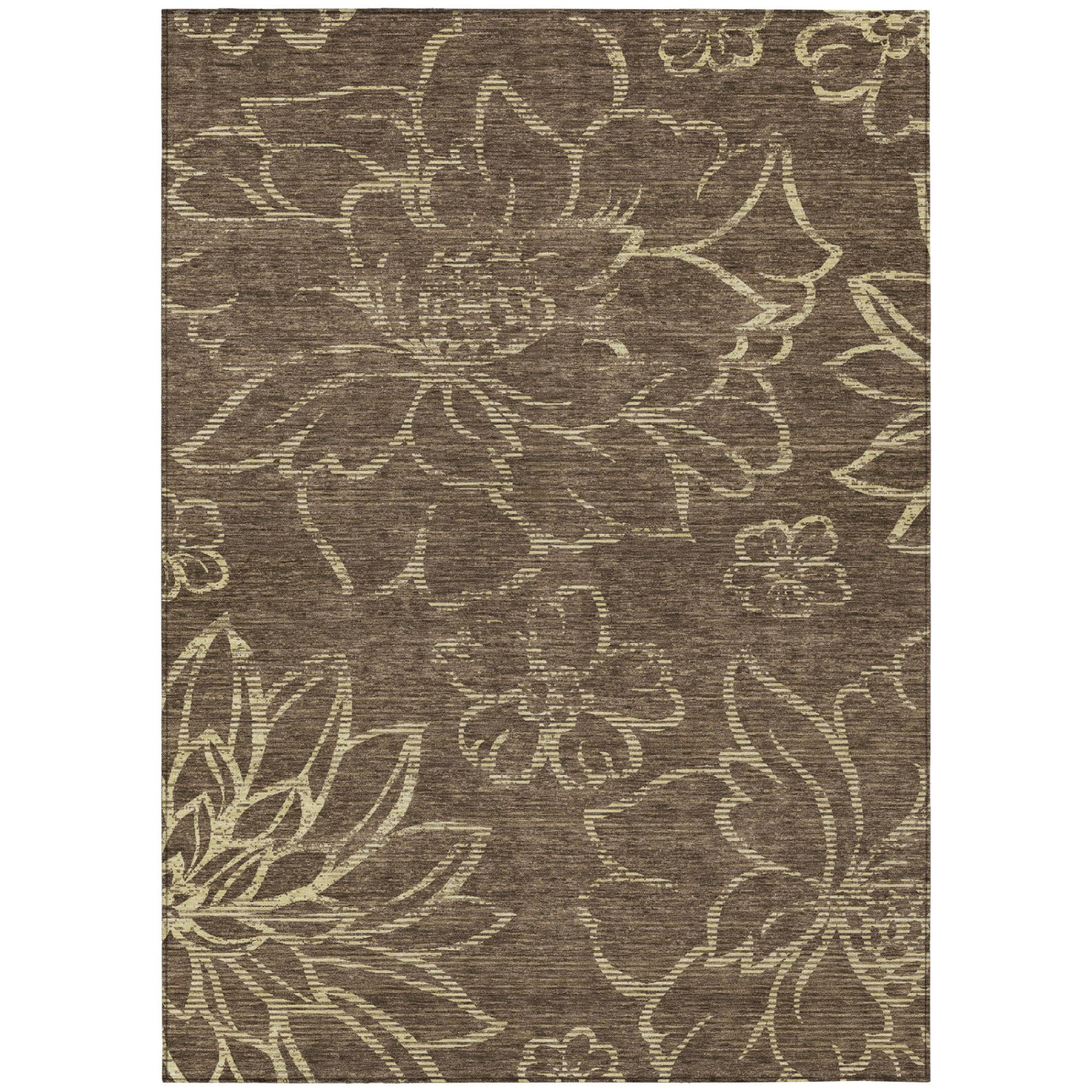 Chocolate-brown area rug with cream floral medallion pattern, washable indoor/outdoor