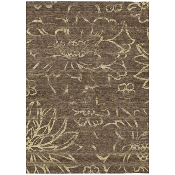 Chocolate-brown area rug with cream floral medallion pattern, washable indoor/outdoor