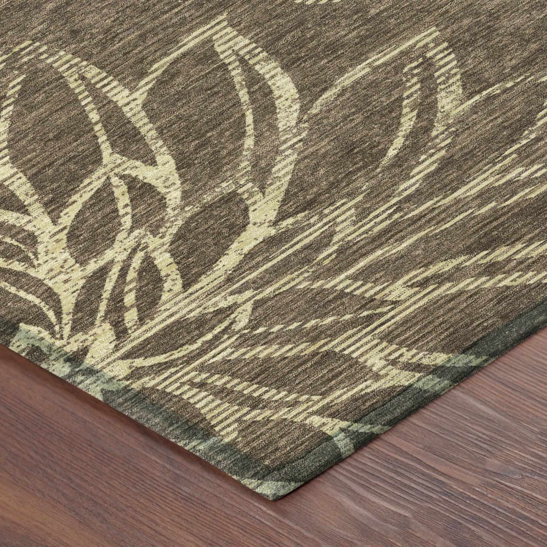Brown area rug corner view with cream botanical line pattern and distressed texture