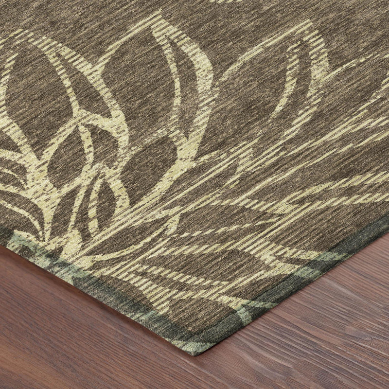 Brown area rug corner view with cream botanical line pattern and distressed texture