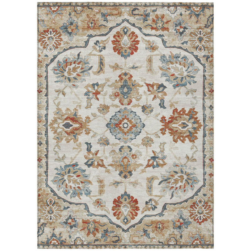 Rectangular ivory area rug with central medallion and multicolor floral motifs
