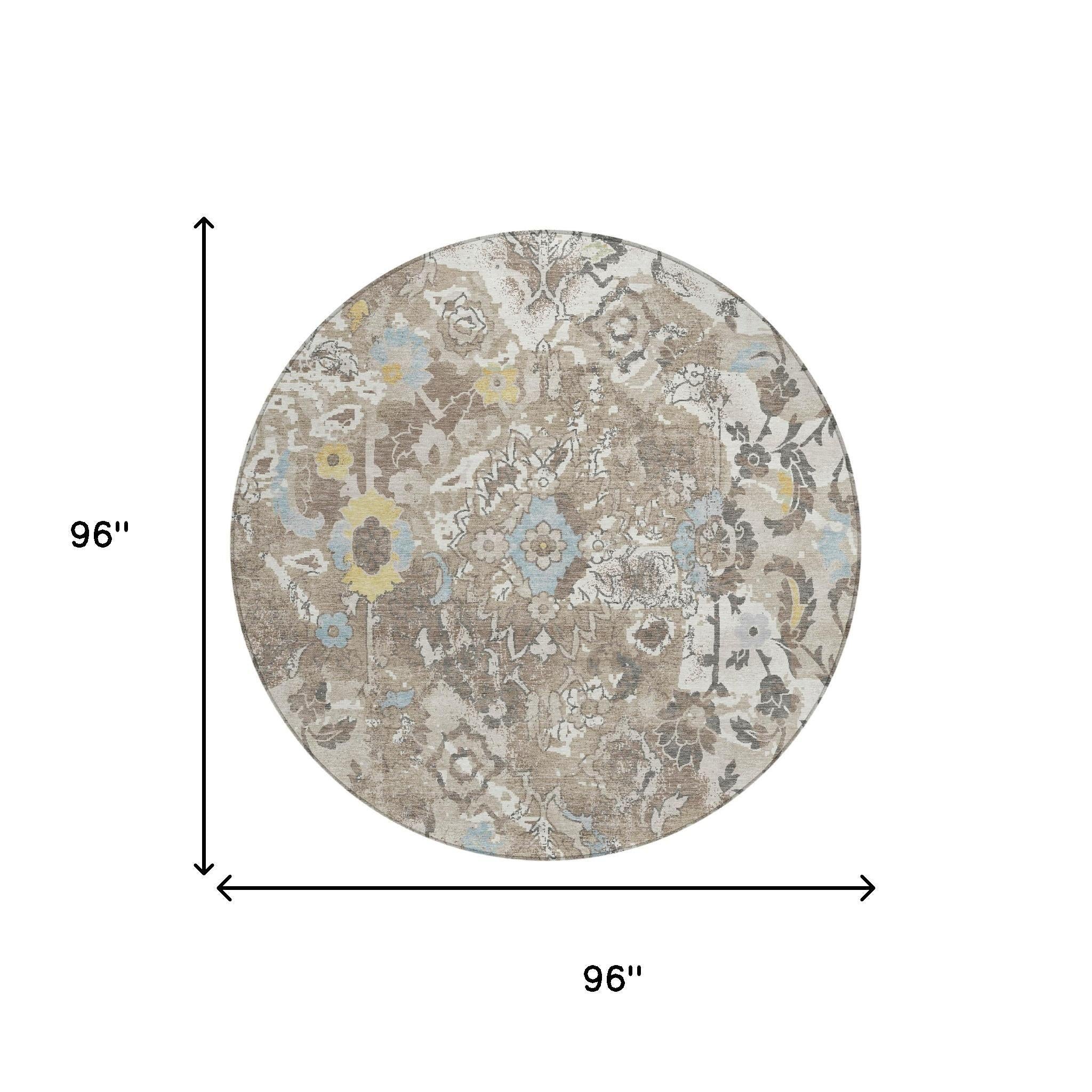 Round floral area rug in ivory and pewter with light blue and yellow accents, washable