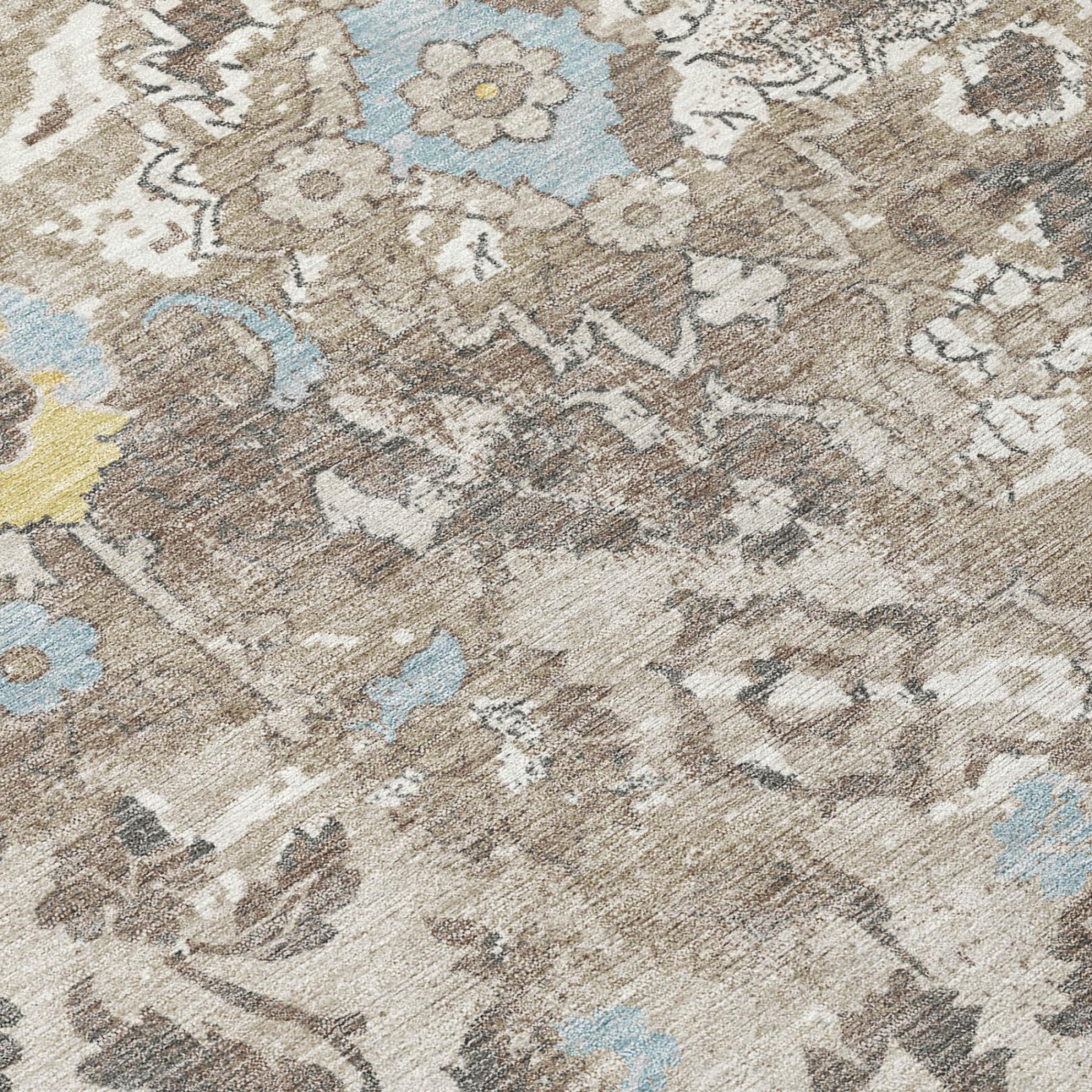 Close-up floral pattern area rug in ivory and pewter with light blue and yellow details