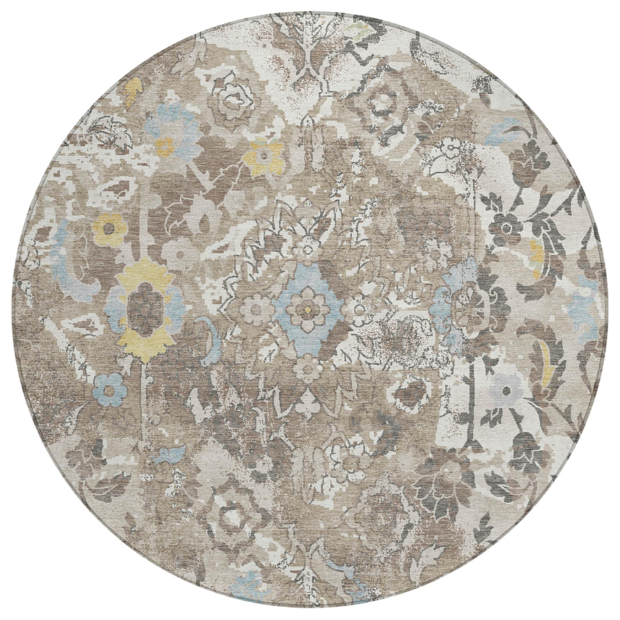 Round floral area rug with ivory base and pewter-gray pattern, plus light blue accents