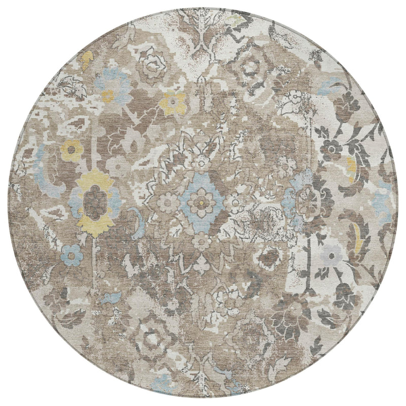 Round floral area rug with ivory base and pewter-gray pattern, plus light blue accents